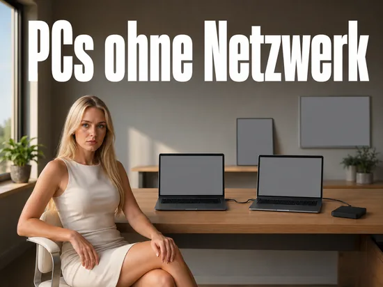 Zwei Notebooks auf einem Schreibtisch direkt per Kabel verbunden