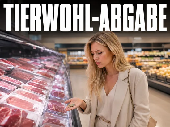 Nachdenkliche blonde Frau an der Fleischtheke, Symbolbild Tierwohl-Abgabe