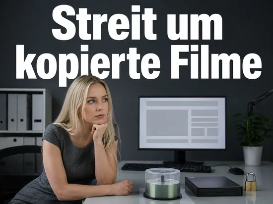 Schreibtisch mit CD-Rohlingen, Brenner und Vorhaengeschloss als Symbol fuer den Streit um kopierte Filme