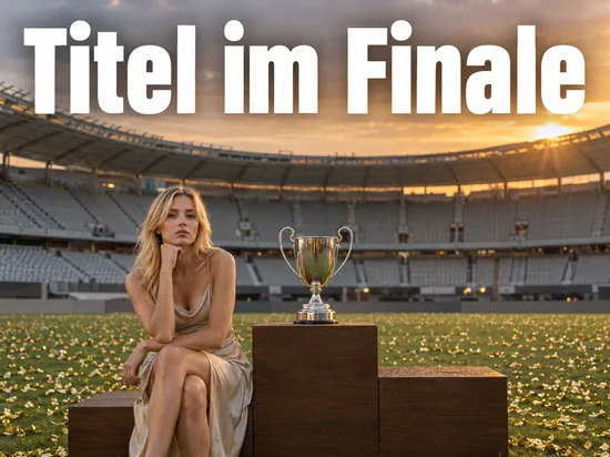 Frau im Kleid sitzt auf einem Siegerpodest im Stadion, daneben steht ein silberner Pokal