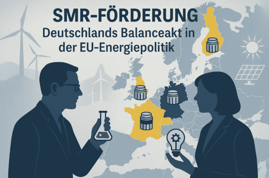 Stilisiertes Titelbild: Karte Europas mit hervorgehobenen L&auml;ndern und SMR-Icons, Politiker-Silhouetten, Windr&auml;der und Solarsymbole im Hintergrund.