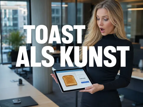 Blonde Frau staunt ueber Tablet mit Auktion fuer eine getoastete Brotscheibe, Schriftzug Toast als Kunst