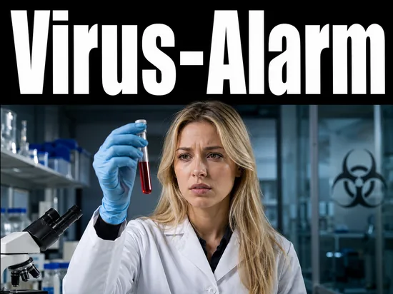 Junge blonde Laborwissenschaftlerin haelt besorgt eine Virusprobe im Reagenzglas in einem Labor mit Biohazard-Symbol