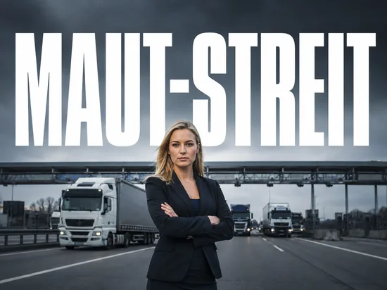 Toll Collect trennt sich vom Partner Siemens, Geschäftsfrau vor Maut-Kontrollbrücke über der Autobahn mit Lastwagen