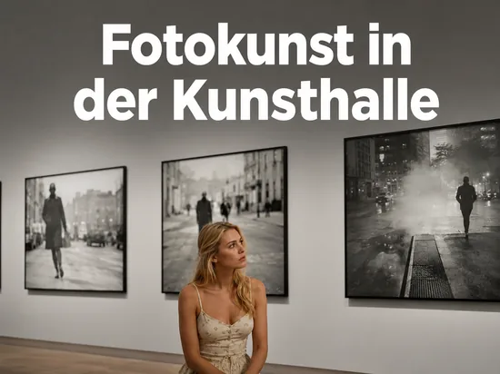 Frau vor grossformatigen Schwarzweissfotografien im Museumssaal, Schriftzug Fotokunst in der Kunsthalle