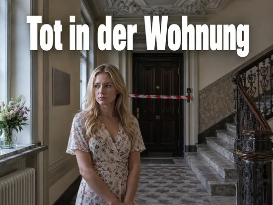 Frau im Kleid steht in einem Altbauflur vor einer mit Absperrband gesicherten Wohnungstuer