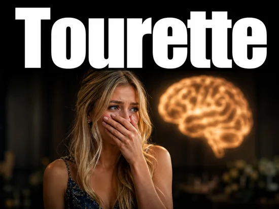 Junge blonde Frau haelt sich die Hand vor den Mund, im Hintergrund ein Gehirn-Symbol als Hinweis auf das Tourette-Syndrom