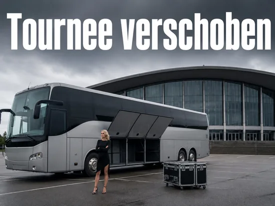 Tourbus mit geoeffneten Gepaeckklappen vor einer Konzerthalle