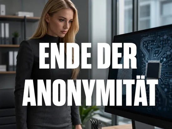 Blonde Geschaeftsfrau vor Monitor mit Fingerabdruck und Computerchip auf Platine, Schriftzug Ende der Anonymitaet