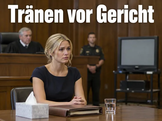 Frau am Tisch in einem Gerichtssaal mit Taschentuchbox und Aktenordner
