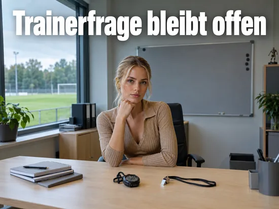 Frau im Kleid sitzt in einem Trainerbuero mit Blick auf einen leeren Trainingsplatz