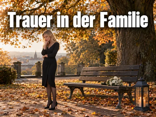 Frau im dunklen Kleid steht im Herbstlaub vor einer Parkbank mit weissen Blumen und einer Laterne