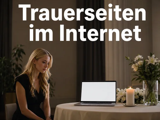 Laptop mit leerem Bildschirm neben Kerze und weissen Blumen als Symbol fuer Trauerseiten im Internet