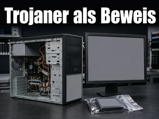 Geoeffneter Rechner und Monitor auf einem Werkstatttisch der IT-Forensik