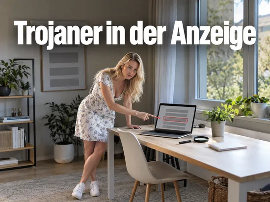 Frau zeigt an einem hellen Schreibtisch warnend auf einen markierten Eintrag auf einem Laptop