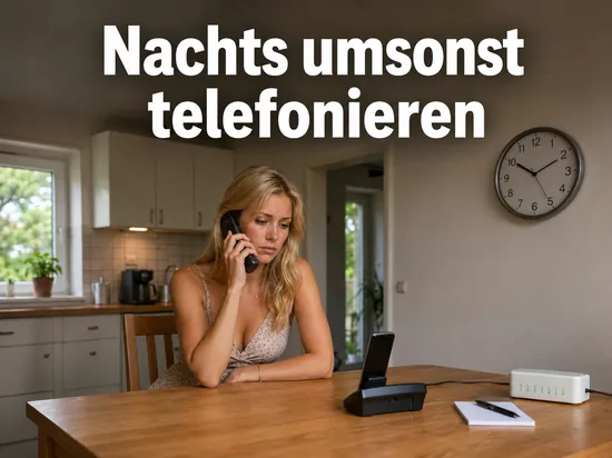 Frau telefoniert am Kuechentisch neben ISDN-Geraet und Wanduhr, Schriftzug Nachts umsonst telefonieren
