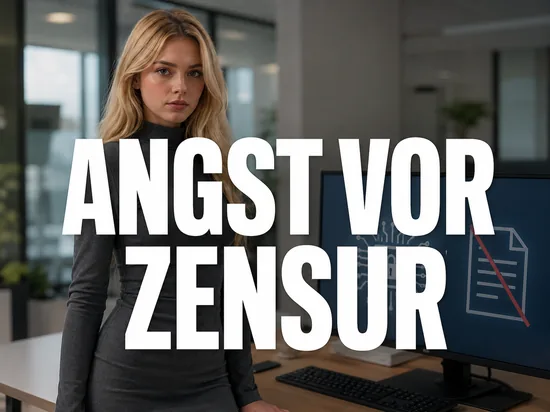 Blonde Frau vor Monitor mit Chip- und Schloss-Symbol neben durchgestrichenem Dokument, Schriftzug Angst vor Zensur