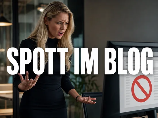Blonde Frau reagiert empoert vor Monitor mit Blog-Seite und rotem Verbotszeichen, Schriftzug Spott im Blog