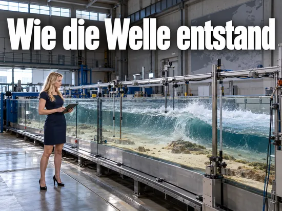 Blonde Frau mit Tablet neben einem gläsernen Wellenkanal in einer Versuchshalle, in dem eine große Welle über ein Küstenmodell rollt, darüber der Schriftzug Wie die Welle entstand