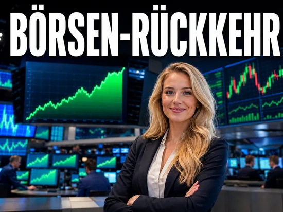 Blonde Geschaeftsfrau vor Boersenkulisse, Symbolbild Boersen-Rueckkehr