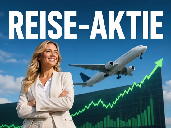 Laechelnde blonde Geschaeftsfrau vor steigendem gruenem Aktienkurs und Passagierflugzeug, Symbolbild boomende Reise- und Tourismus-Aktie