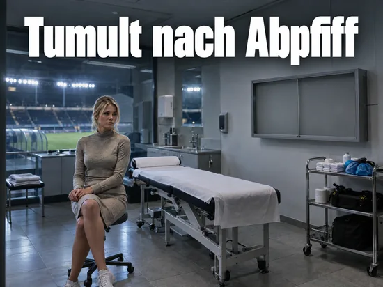 Behandlungsraum im Stadion mit Liege und Verbandsmaterial, eine Frau sitzt daneben