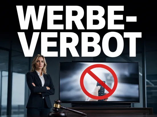 Gericht untersagt eine TV-Werbung, Geschäftsfrau vor einem Fernseher mit gesperrtem Werbespot und Richterhammer