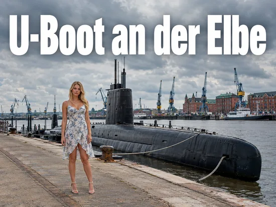 Frau auf einem Hafenkai vor einem langen schwarzen U-Boot, im Hintergrund Hafenkräne und Backsteinspeicher, darüber der Schriftzug U-Boot an der Elbe