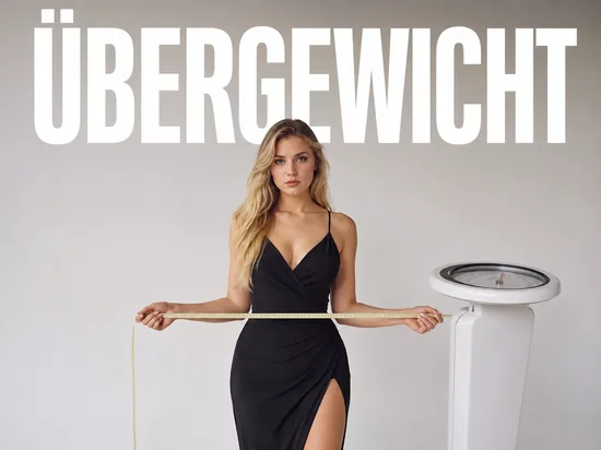 Blonde Frau mit Massband und Personenwaage, Symbolbild Uebergewicht