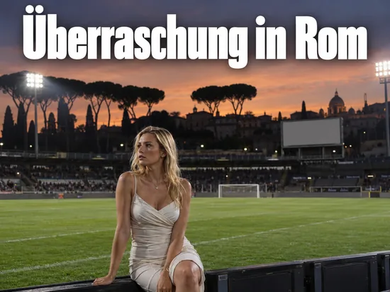 Frau im Kleid sitzt am Spielfeldrand eines Stadions in Rom vor Pinien im Abendlicht