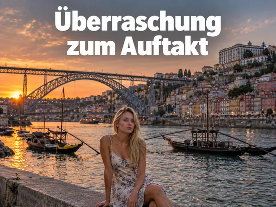 Frau sitzt am Ufer des Douro in Porto, dahinter die Bogenbrücke