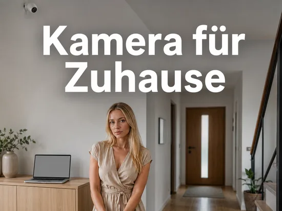 Frau im Hausflur unter einer kleinen Netzwerkkamera, daneben ein Notebook