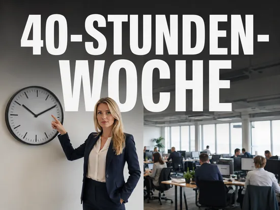 Umfrage: Mehrheit für die 40-Stunden-Woche, Geschäftsfrau deutet auf eine große Wanduhr im Großraumbüro