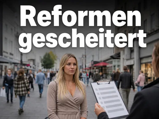 Frau in einer Fussgaengerzone wird zu einer Umfrage mit Klemmbrett befragt