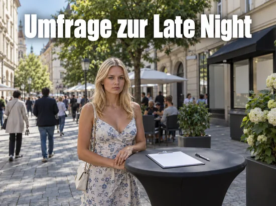 Frau steht an einem Stehtisch in einer Fußgängerzone neben einem Klemmbrett