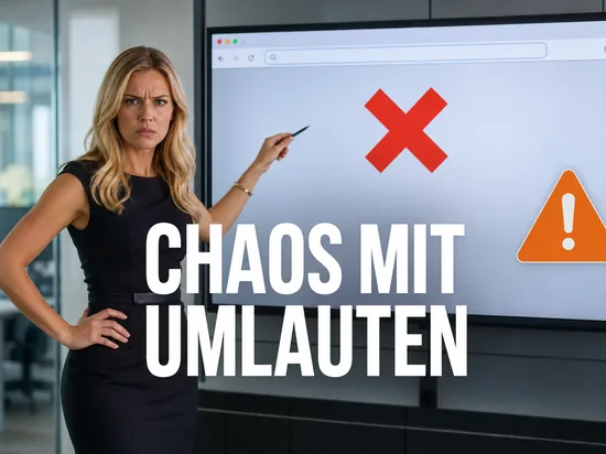 Verärgerte blonde Geschäftsfrau vor einem Bildschirm mit Browser-Adressleiste, rotem Fehlerkreuz und Warndreieck als Symbol für Probleme mit Umlaut-Domains