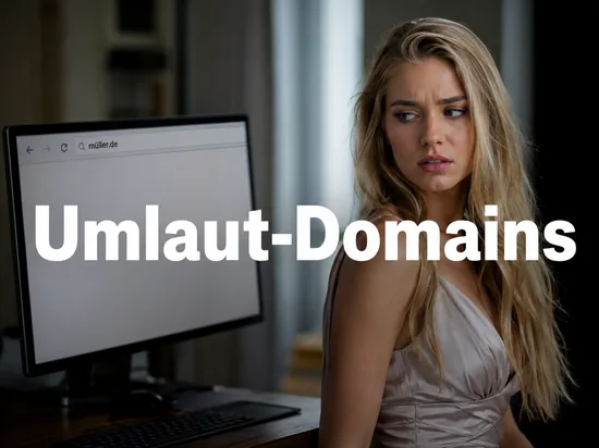 Frau vor einem Monitor mit einer Web-Adresse mit Umlauten