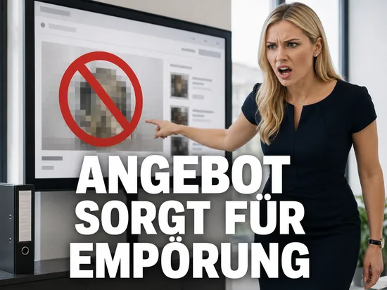 Empörte blonde Geschäftsfrau vor einem Bildschirm mit verpixeltem Auktionsangebot und rotem Verbotssymbol als Symbol für ein umstrittenes Angebot