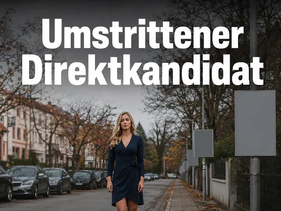 Frau steht in einer Wohnstrasse mit leeren Wahlplakaten an Laternenmasten