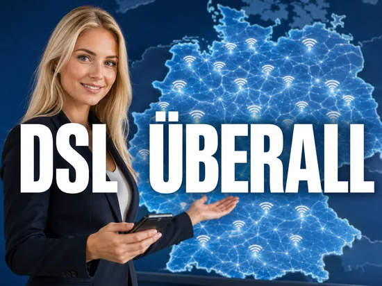 Geschäftsfrau mit Smartphone vor einer Deutschlandkarte mit flächendeckender Funknetz-Abdeckung, Symbolbild für UMTS-basiertes DSL in ganz Deutschland