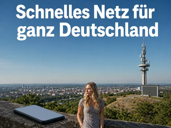 Frau auf einer Anhöhe über der Stadt mit Smartphone und Mobilfunkmast