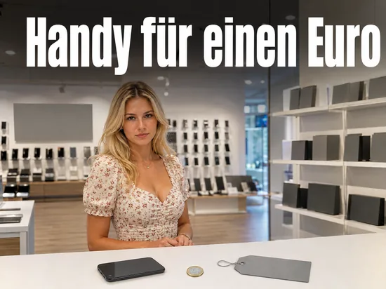 Frau im Handyladen mit Smartphone und einer Euromünze auf dem Tresen