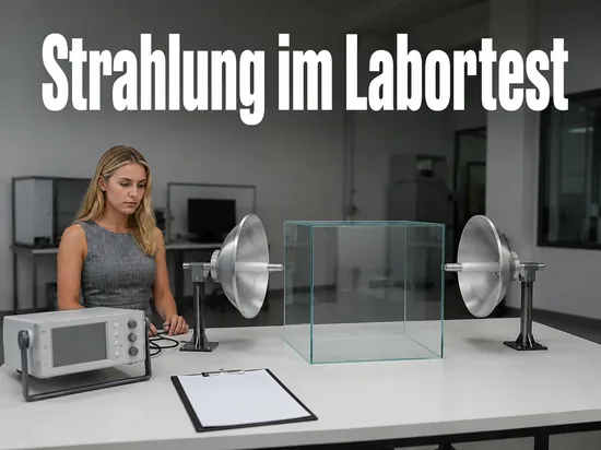 Frau im Labor an einem Messaufbau mit zwei Antennenscheiben und Glaskasten, Schriftzug Strahlung im Labortest