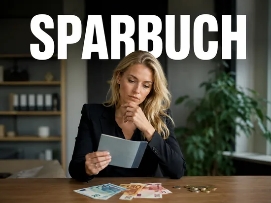 Nachdenkliche blonde Geschaeftsfrau mit altem Sparbuch und Euro-Geld auf dem Tisch, Symbolbild unentdecktes Sparguthaben und Erbfragen