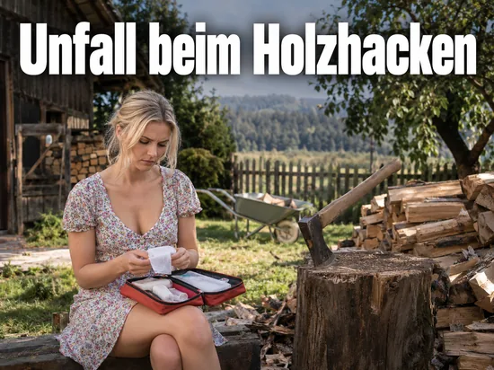 Frau mit Verbandskasten neben Hackklotz mit Beil und gestapeltem Brennholz