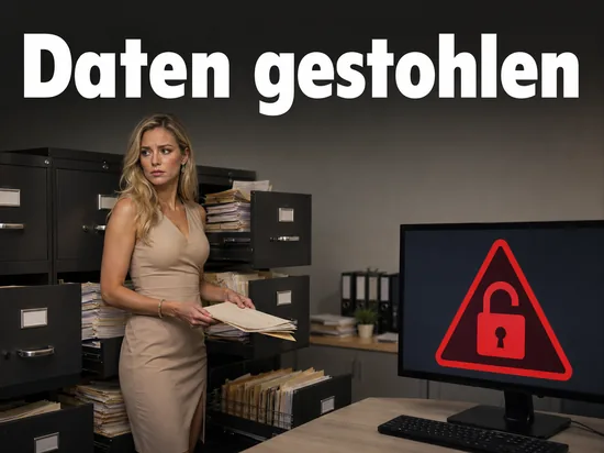 Frau vor offenen Aktenschraenken neben einem Bildschirm mit Warnzeichen: Hacker stehlen Daten bei der Unfallkasse Thueringen