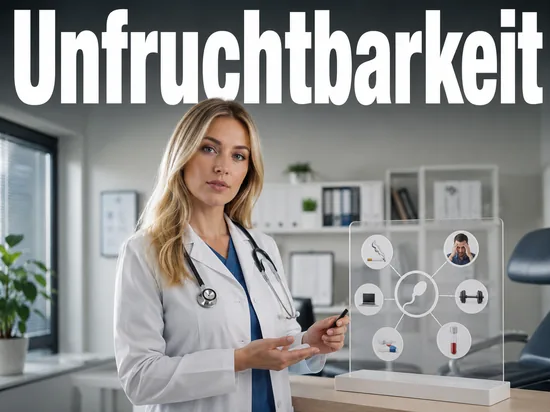 Junge blonde Aerztin erklaert die Ursachen maennlicher Unfruchtbarkeit anhand eines Info-Diagramms