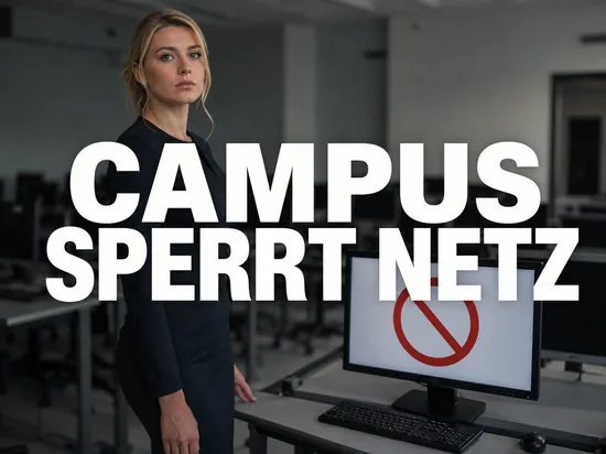 Geschaeftsfrau im Hochschul-Computerraum vor einem Monitor mit rotem Verbotssymbol als Symbol fuer gesperrte Tauschboersen