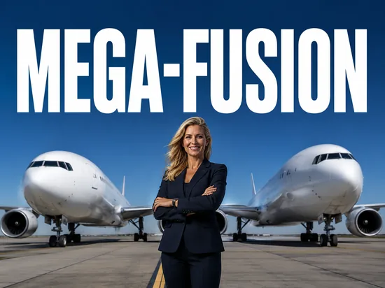 Selbstbewusste blonde Geschaeftsfrau vor zwei Passagierflugzeugen auf dem Vorfeld, Symbolbild Fusion zweier Fluglinien zur weltgroessten Airline