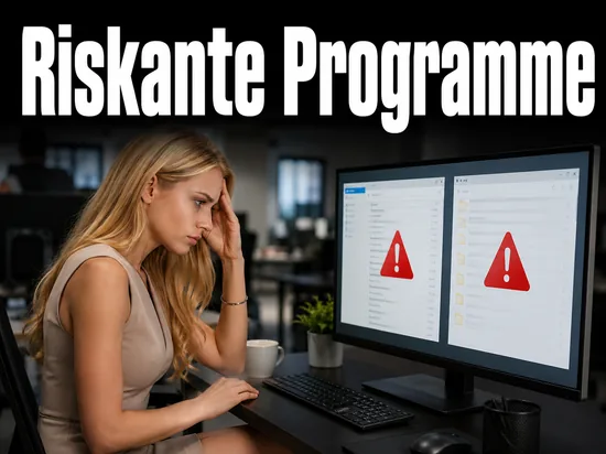 Besorgte Geschaeftsfrau vor einem Monitor mit E-Mail-Programm und Tauschsoftware samt Warnsymbolen als Symbol fuer besonders unsichere Anwendungen